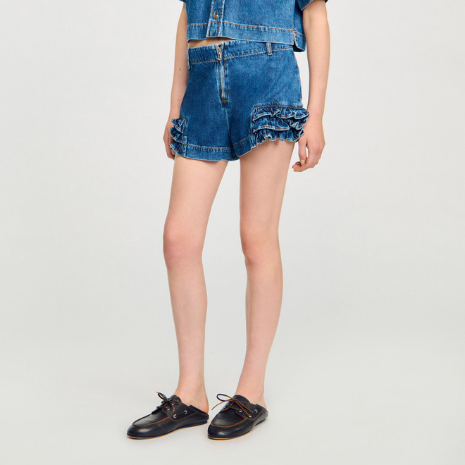 Ruffled denim shorts - Blue