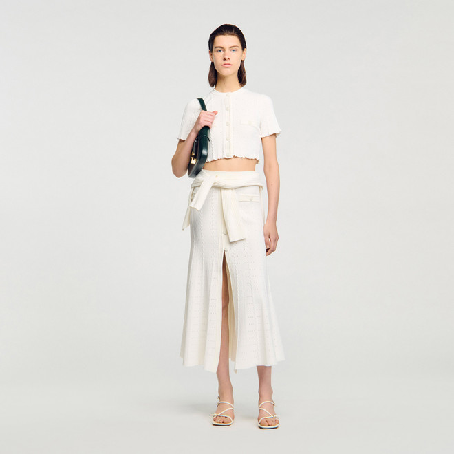 Cropped pointelle knit cardigan - Ecru
