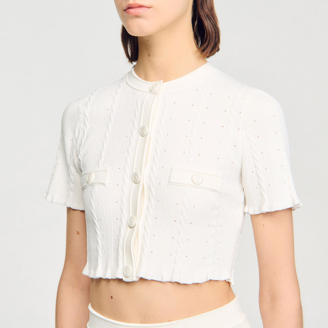 Cropped pointelle knit cardigan - Ecru