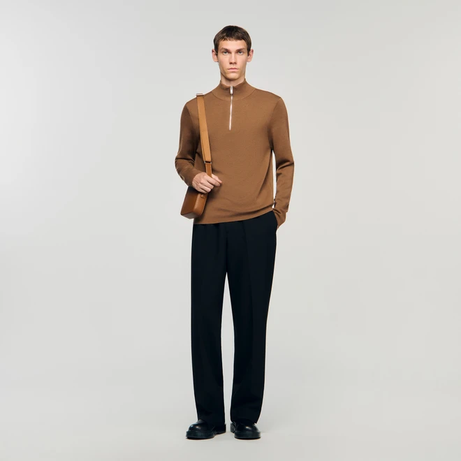 Wool jumper with zip collar - Beige