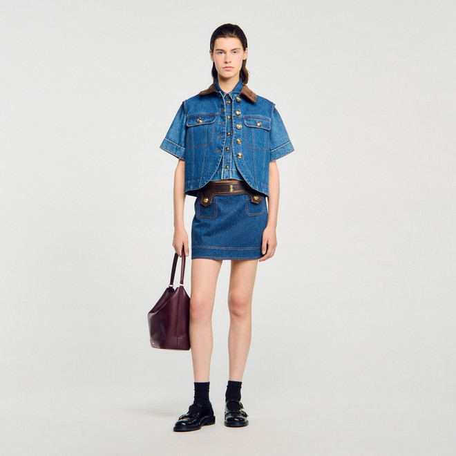 Short denim and leather skirt - Navy