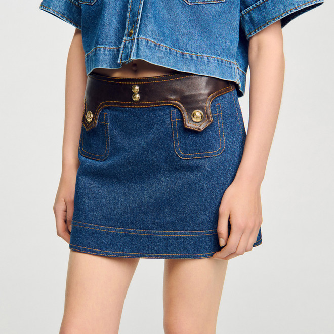 Short denim and leather skirt - Navy