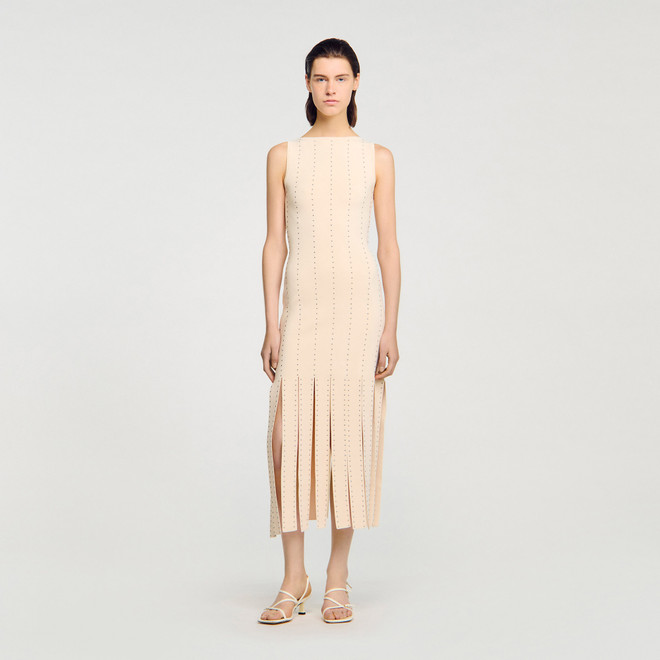 Fringed knit maxi dress - Ecru