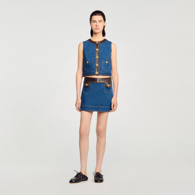Denim and leather top - Navy