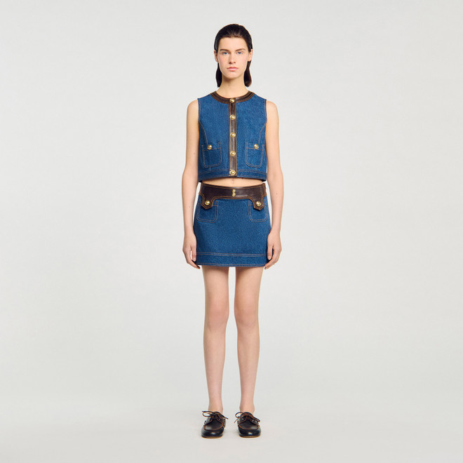 Denim and leather top - Navy