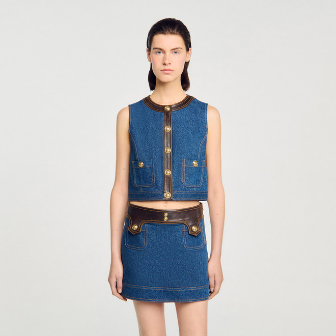 Denim and leather top - Navy