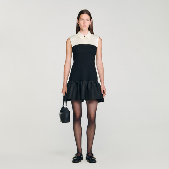 Short two tone ruffled dress - Black / White