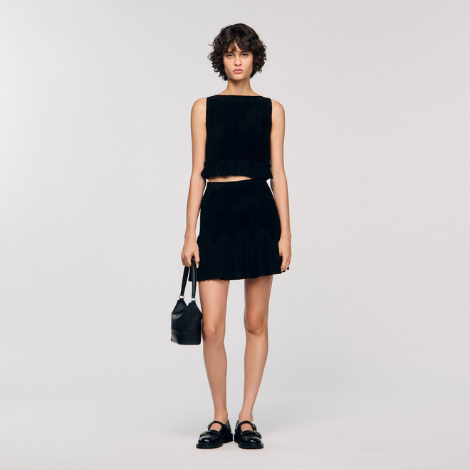 Ruffled knit crop top - Black