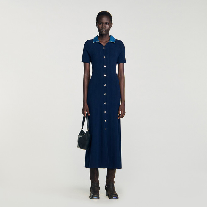 Denim collar knit maxi dress - Navy