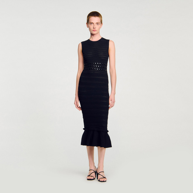 Sandro Paris サロンド パール装飾　ニットワンピース ブラック　黒 ボリュームスリーブニットワンピース | Onepiece | HER. Online Store ワンピース
