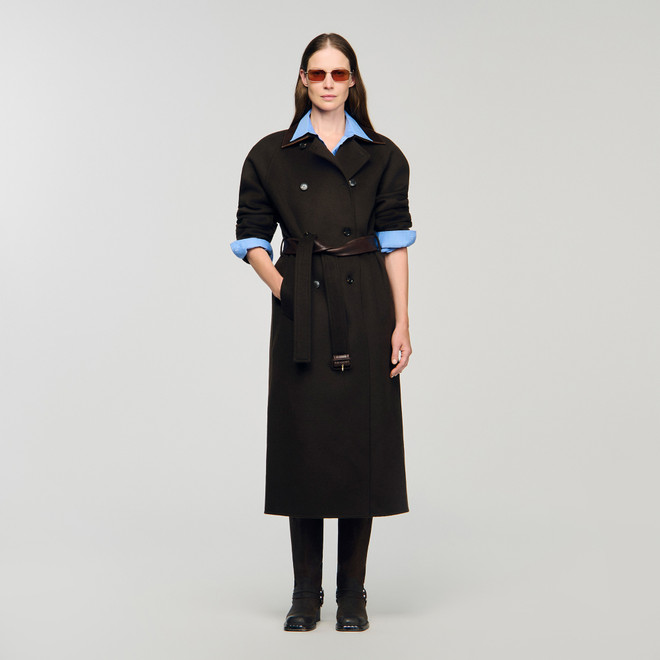 Long wool and leather coat - Brown