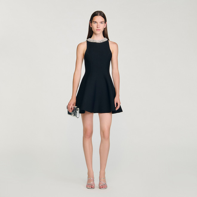 Short dress with pearl collar - Black
