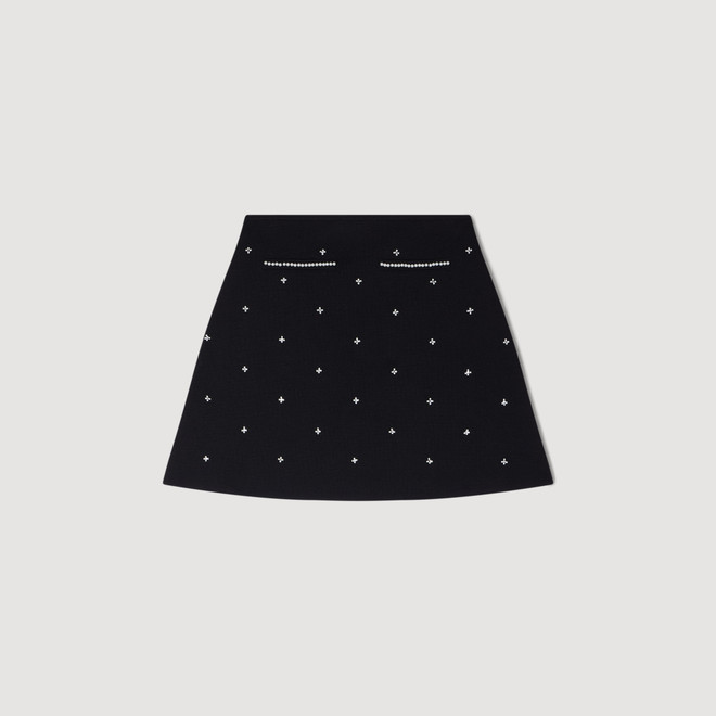 Rhinestone embroidered knit skirt - Black