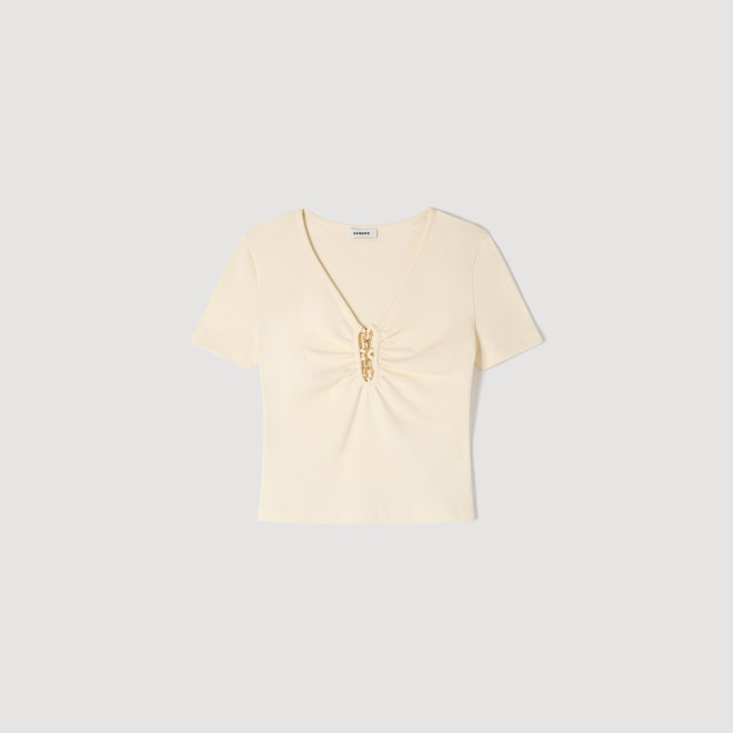 Jewelled cropped cotton Tshirt - Ecru