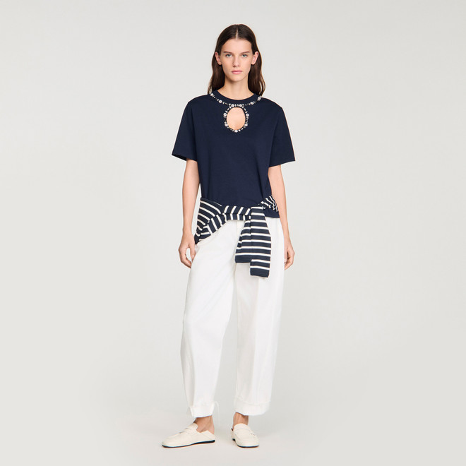 Rhinestone openwork Tshirt - Navy