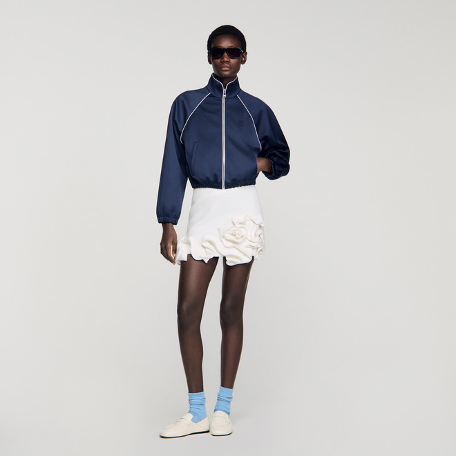 Embroidered cropped satin jacket - Navy