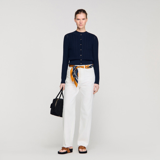 Cropped textured knit cardigan - Navy