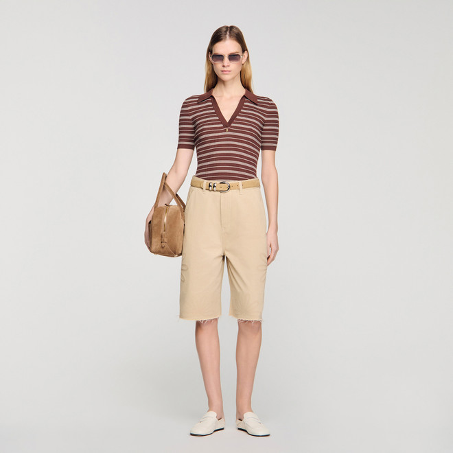 Striped V neck polo jumper - Brown