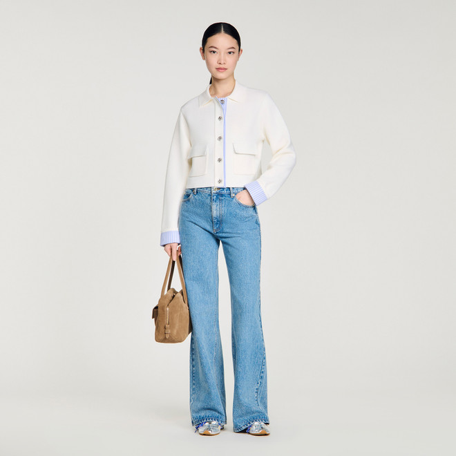 Polo cardigan with poplin details - Ecru