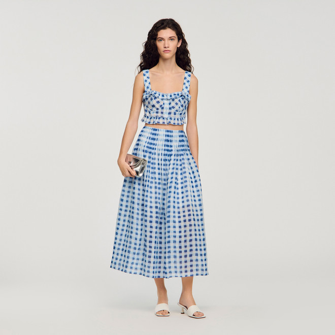 Long gingham linen skirt - Blue