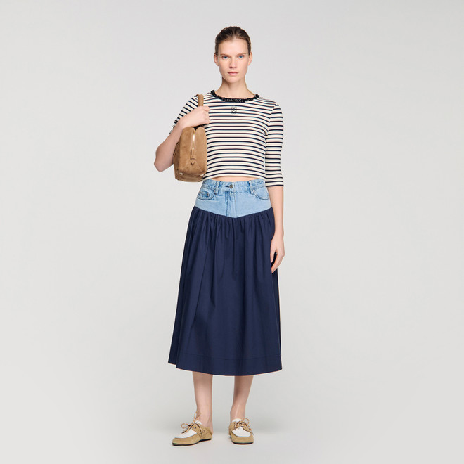Short striped tee with pearl collar - Navy