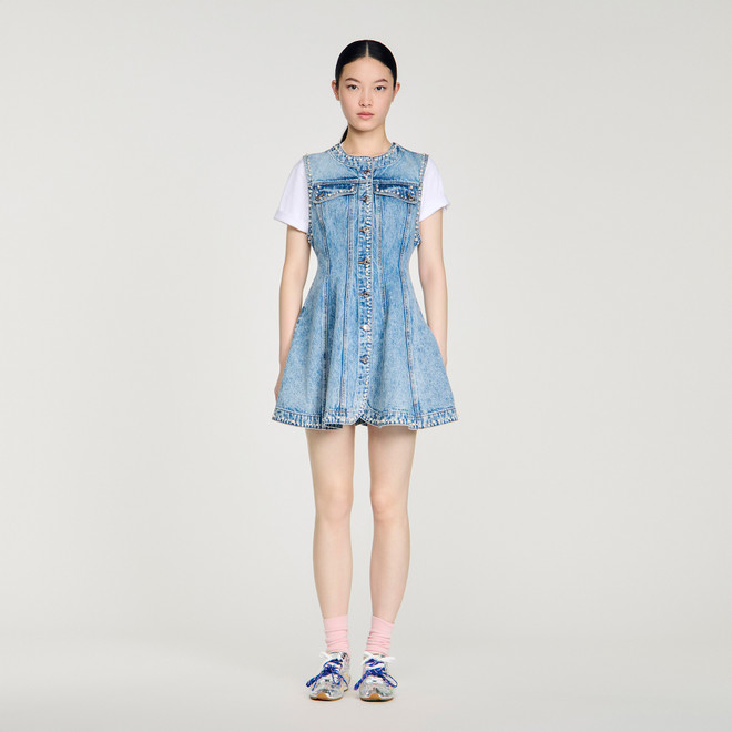 Short beaded rhinestone denim dress - Blue