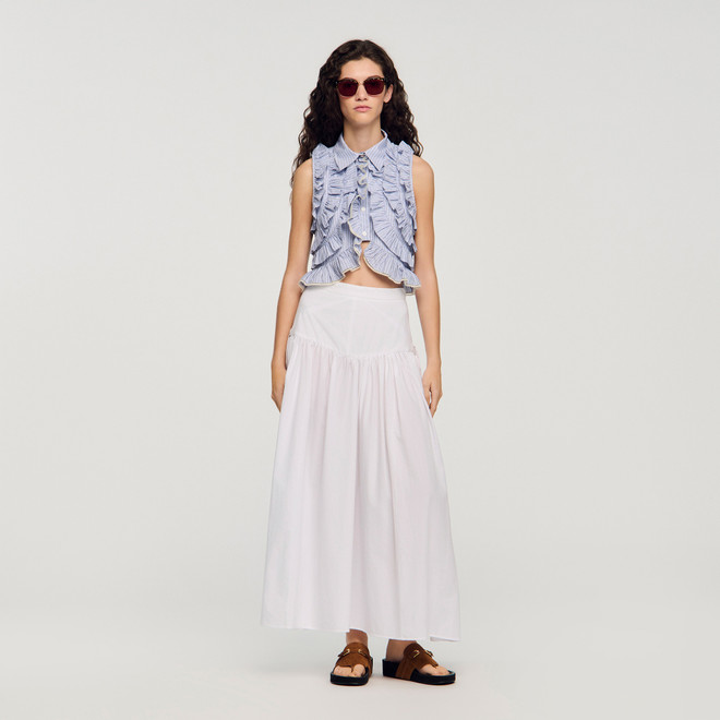 Long poplin skirt with ties - White