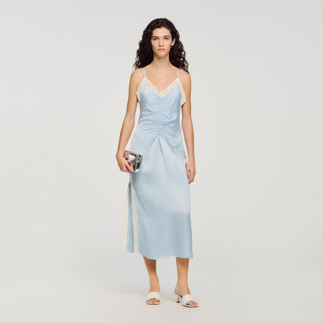Satin effect maxi dress with straps - Blue