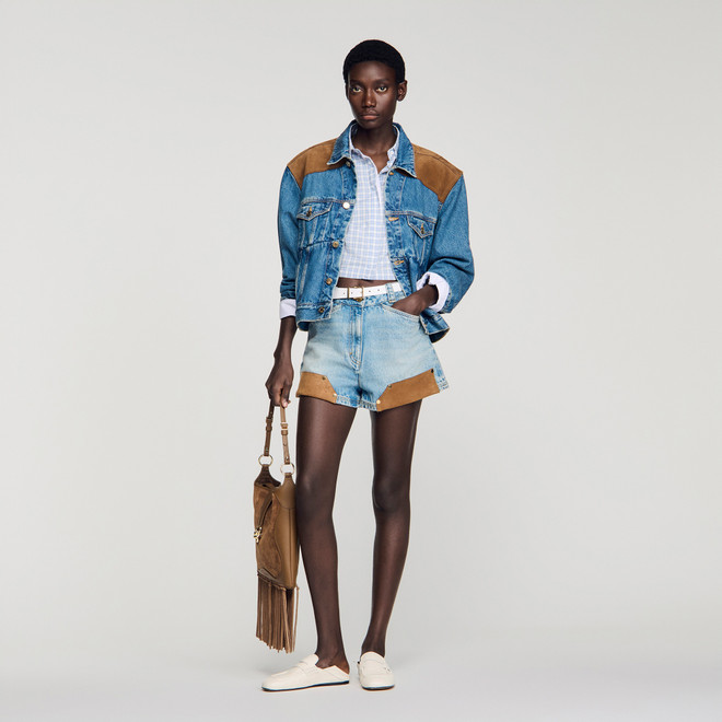 Riveted denim and suede shorts - Blue
