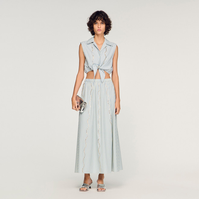 Rhinestone striped long skirt - Blue