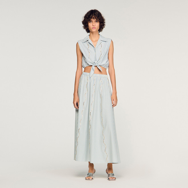 Cropped striped rhinestone shirt - Blue