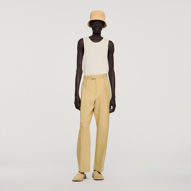 Wide pleated cotton linen trousers - Beige