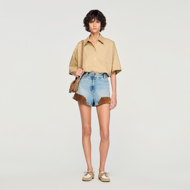 Cotton shirt with rhinestones - Beige