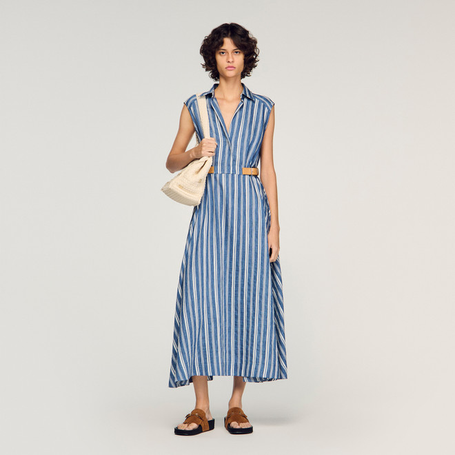 Striped maxi dress with leather tab - Blue