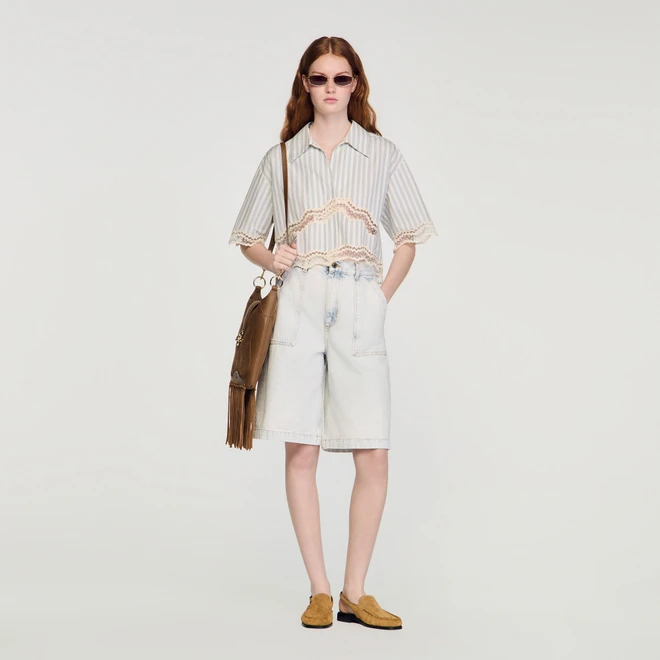 Cropped striped cotton shirt - Blue