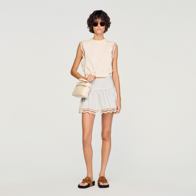 Cropped cotton T shirt with lace - Ecru