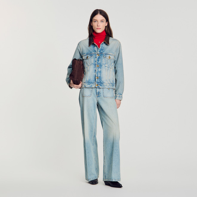 Denim jacket with leather collar - Denim