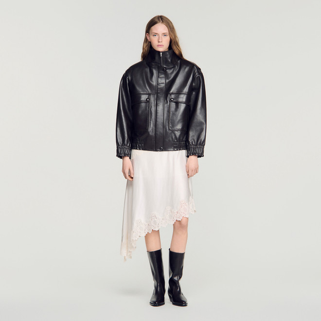 Standing collar leather jacket - Black