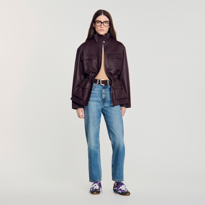Oversized leather collar jacket - Bordeaux