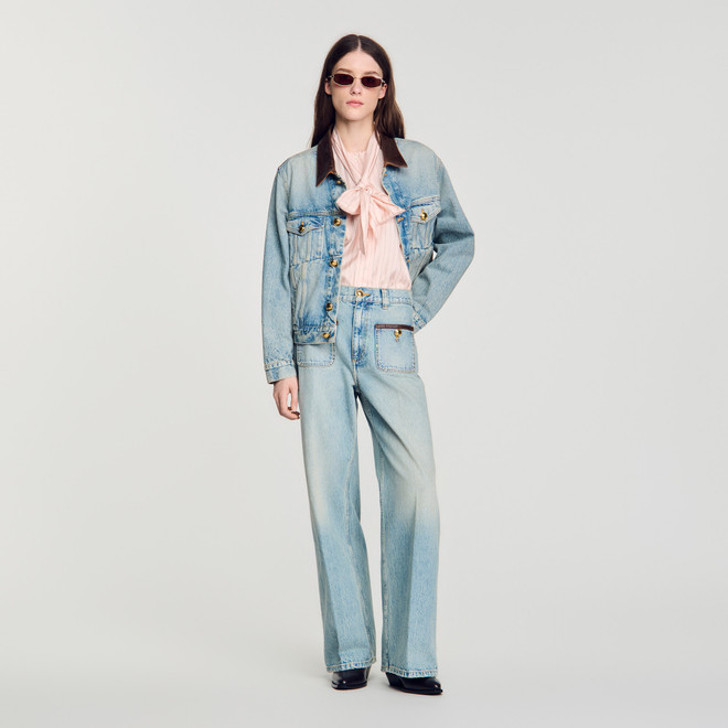 Straight-leg leather detail jeans - Denim