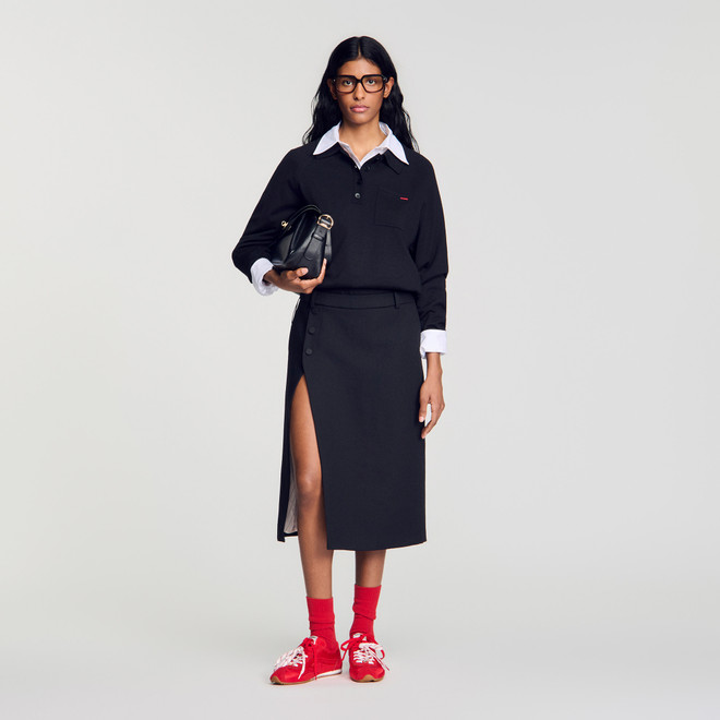 Mid-length slit wool skirt - Black