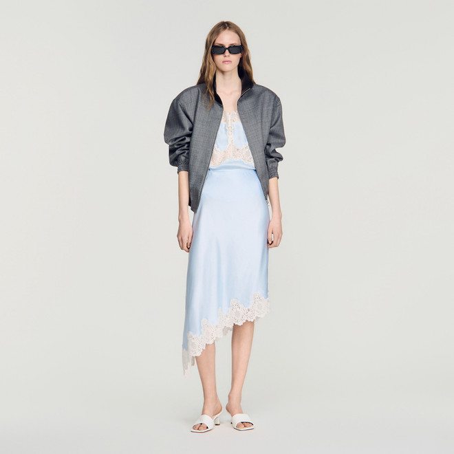 Asymmetrical satin skirt with lace - Blue