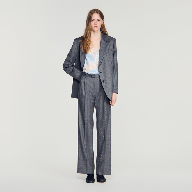 Rhinestone check wool trousers - Grey