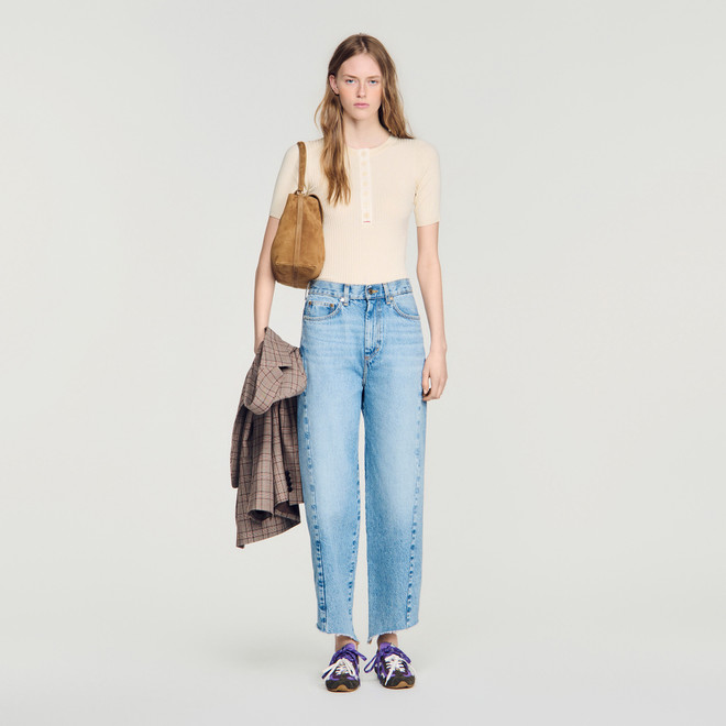 Ribbed button placket jumper - Ecru