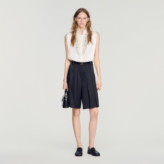 Long high-waisted pleated shorts - Black