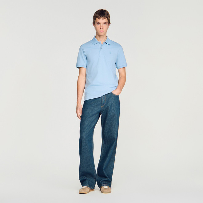 Cotton polo shirt with leather logo - Blue