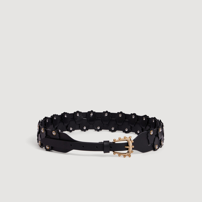 Interlaced leather belt with studs - Black
