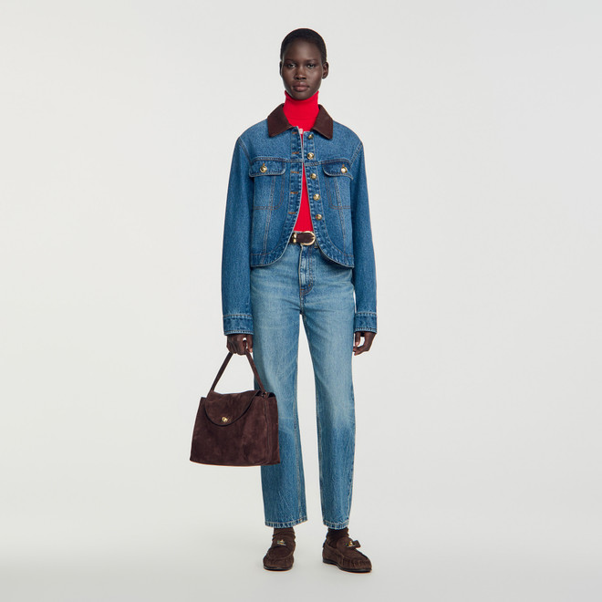 Denim jacket with leather collar - Denim