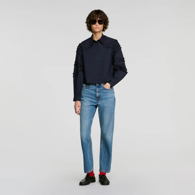 Gathered rhinestone cotton shirt - Navy
