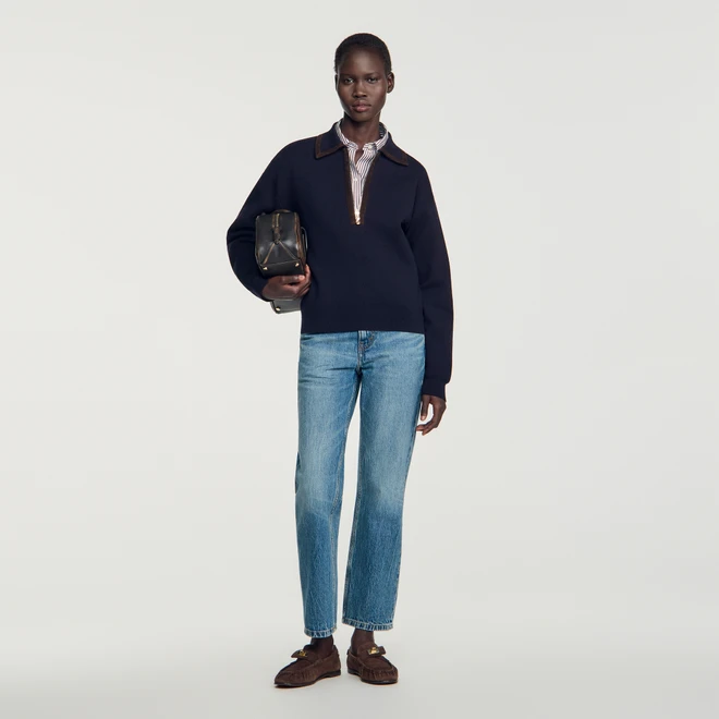 Zip polo jumper with suede collar - Navy